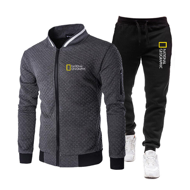 내셔널 지오그래픽 Tracksuit 남자 세트 2021 패션 후드 정장 지퍼 스웨터 + 스웨트 가을 겨울 캐주얼 풀 오버