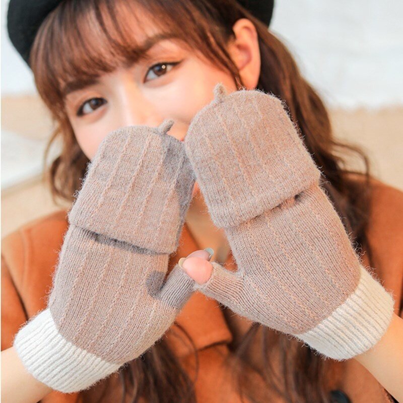 Jesienne i zimowe rękawiczki z dzianiny damskie odkryte wiatroodporne ciepłe rękawiczki bez palców