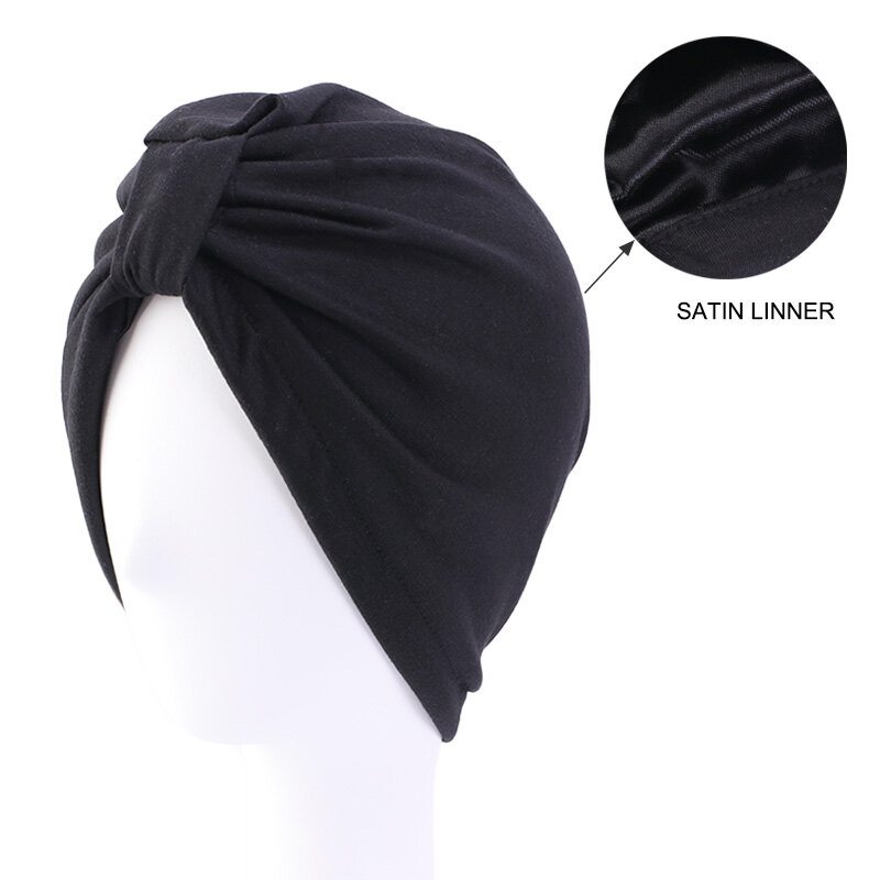 Turbante elastico da donna tinta unita doppio strato con fodera in raso copricapo berretto da notte berretto accessori per capelli avvolgenti