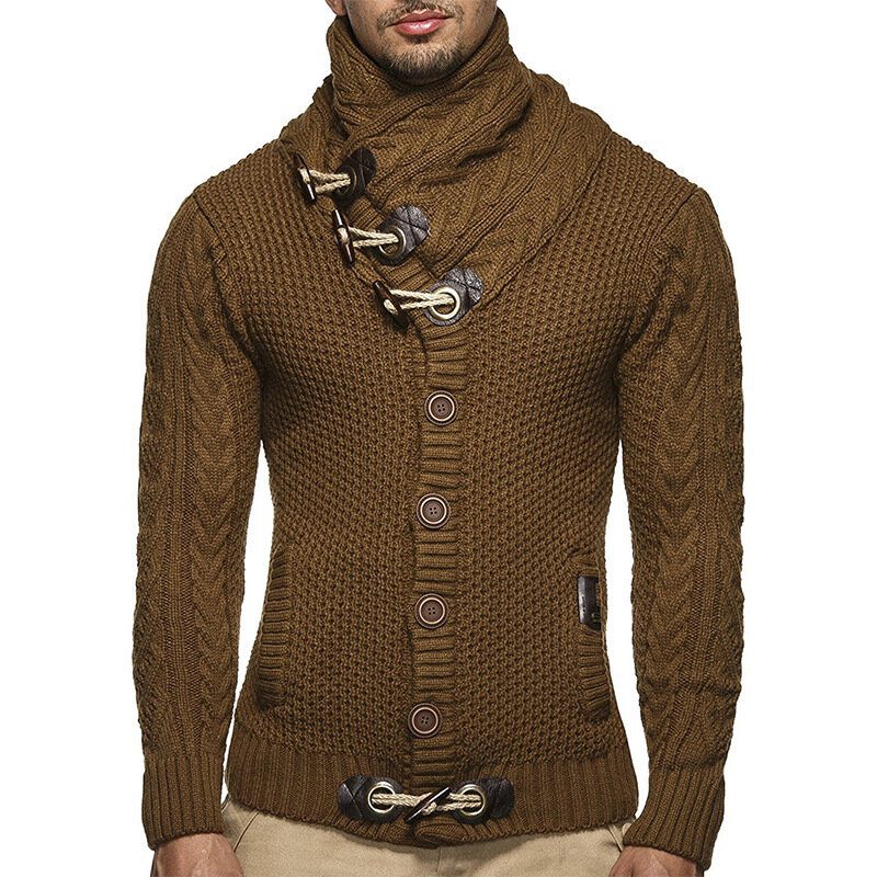 Suéter masculino com gola alta, casaco de malha quente de cor sólida, moda masculina para outono e inverno