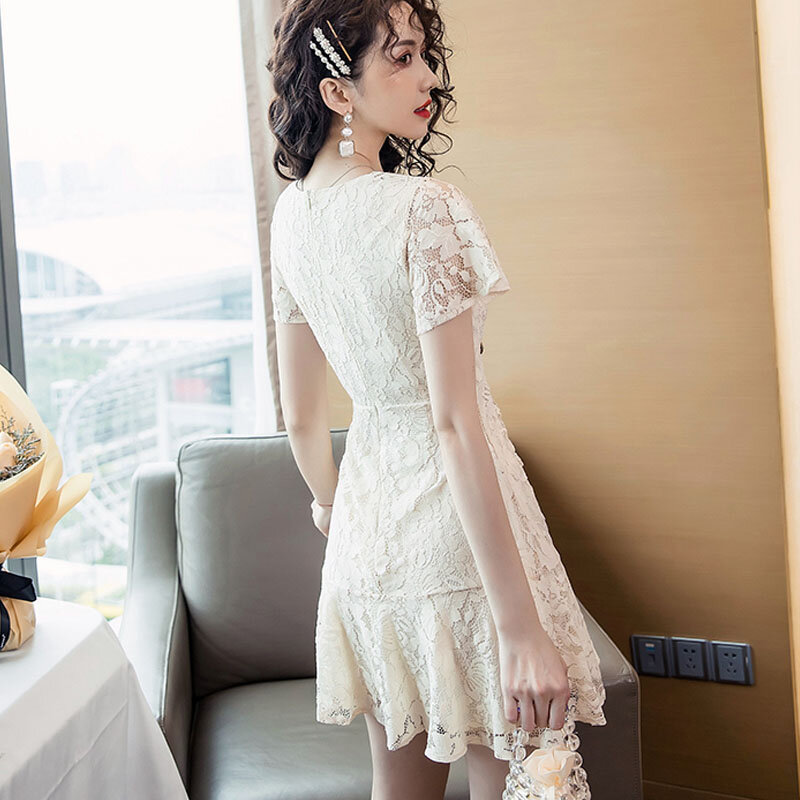 2021 Summer New Korean Retro Elegant And Sweet Lace Fairy Mini Dresse`S Women French Casual Office Design Party Dresses Vestidos