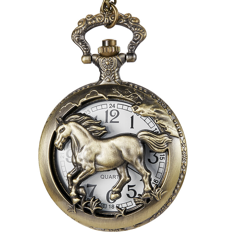 Dropshipping brązowy koń z ażurową dekoracją kwarcowy zegarek kieszonkowy naszyjnik wisiorek kobiet mężczyzn prezenty P247