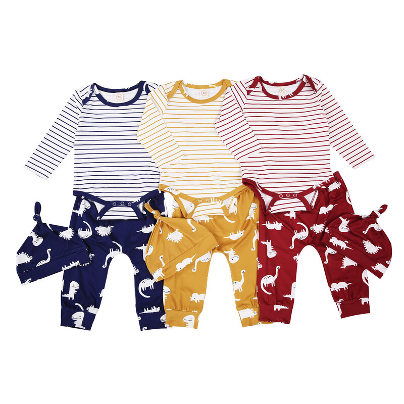 Conjunto de ropa de Otoño de 2020 para niños y niñas, mono a rayas con cuello redondo y manga larga para bebés + Pantalones con estampado de dinosaurio + sombrero 0-18M