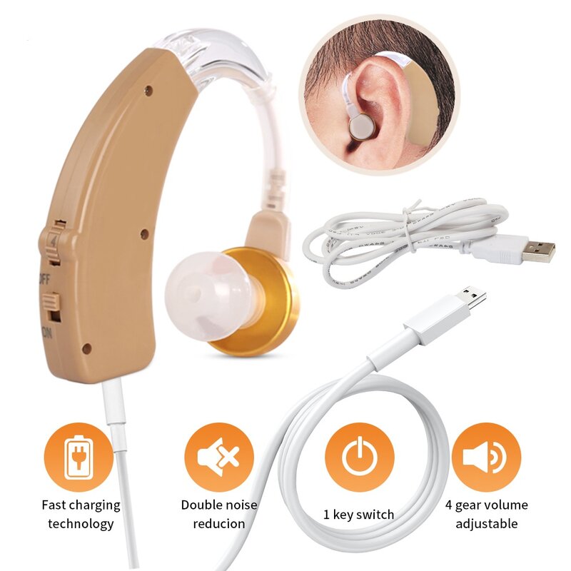 Miniaudífono BTE recargable para el hogar, amplificador de sonido USB invisible para problemas auditivos