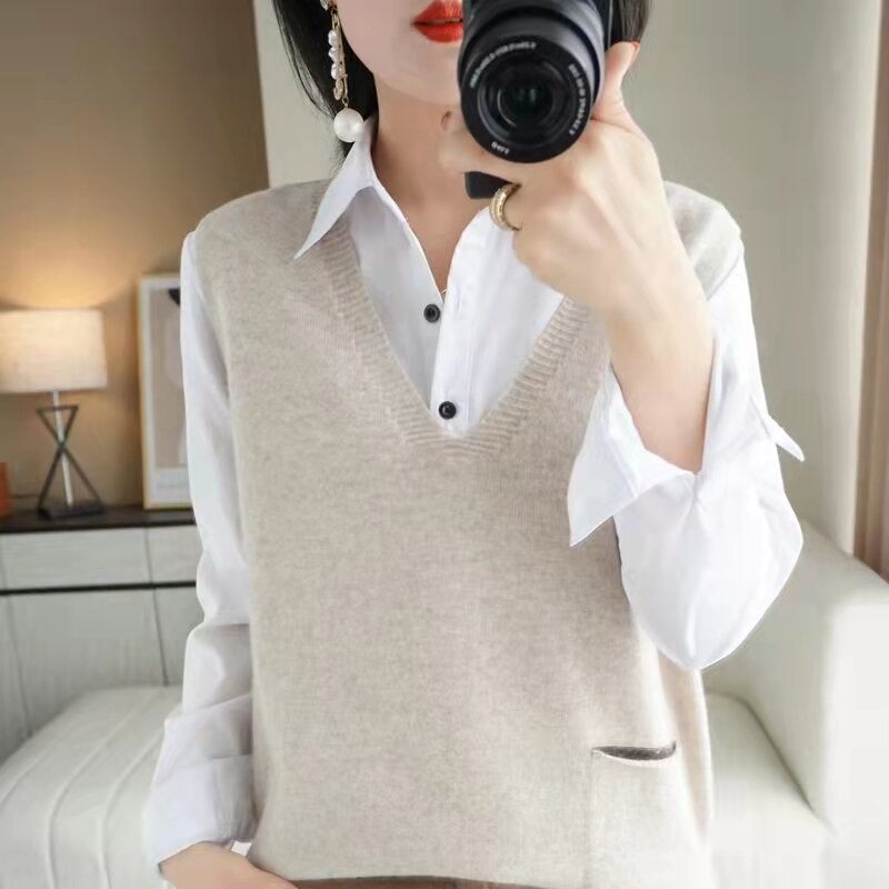 100% Pure Wool Sweater Knitted Pullover Vest Ladies Loose Vneck Fashion Allmatch Spring Autumn New Sleeveless Side Slit Waistcoa