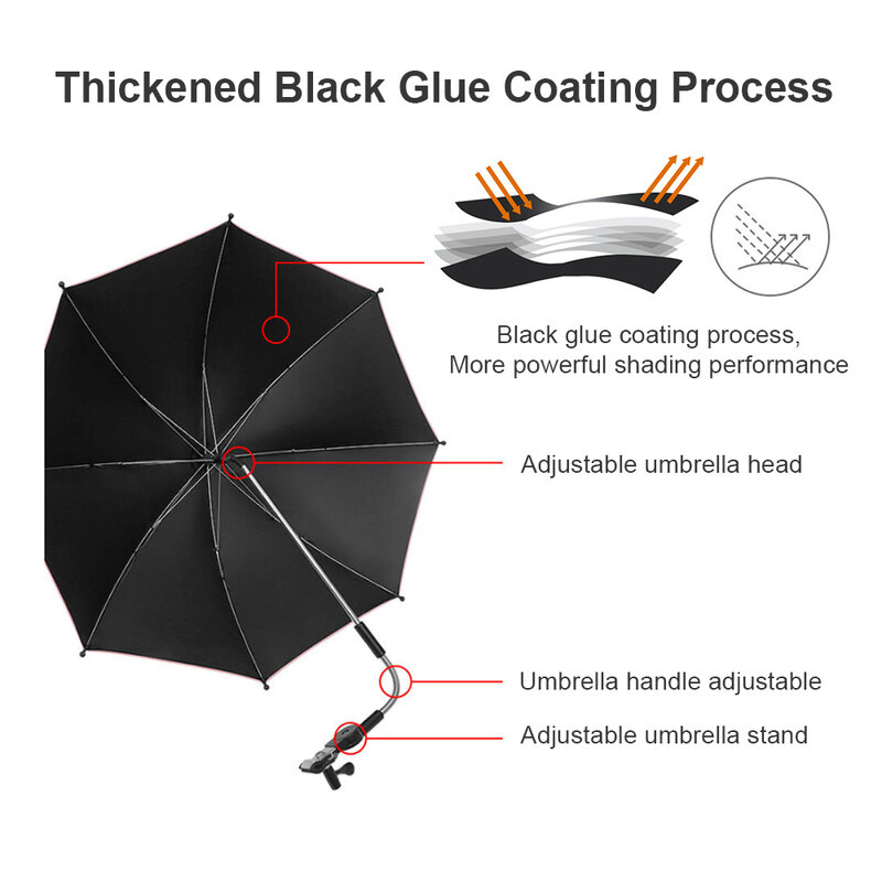 범용 360 ° 유모차, 조절 가능한 회전식 범용 우산, 차양, 자외선 차단, 방수, 비 보호 캐노피 커버