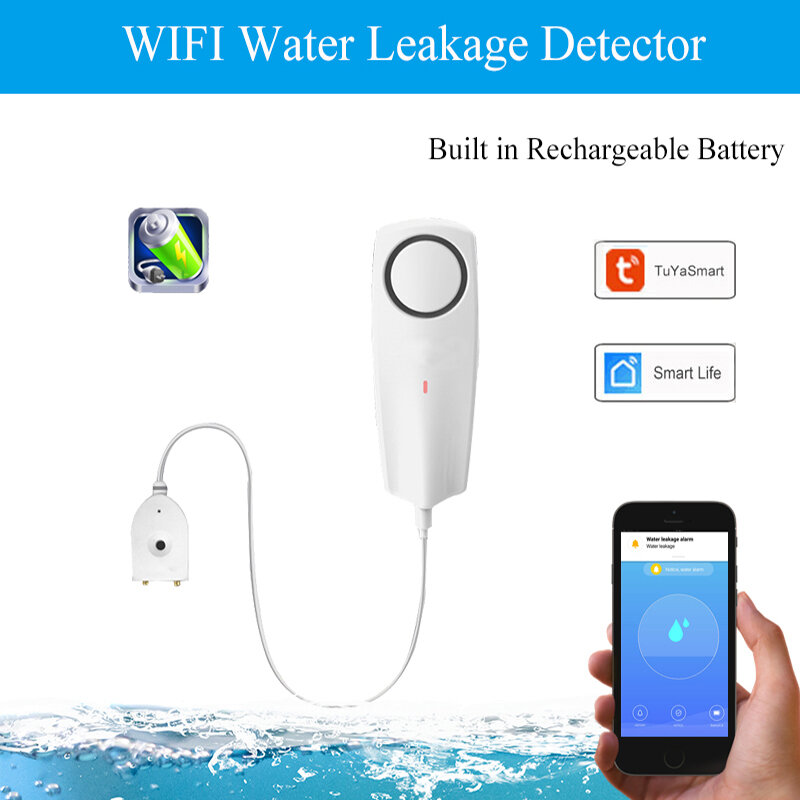 Умный датчик утечки воды Tuya с Wi-Fi, совместим с приложением Tuyasmart/smart Life, простая установка