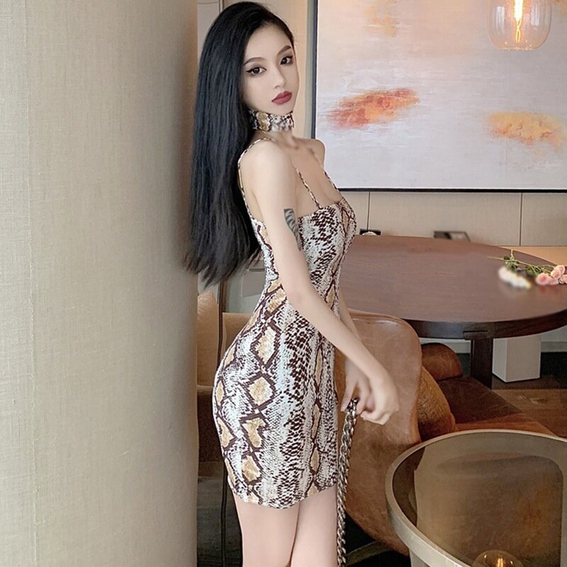 EFINNY-섹시한 스네이크 프린트 여름 드레스 여성용, 한국 패션 슬립 드레스, 2021