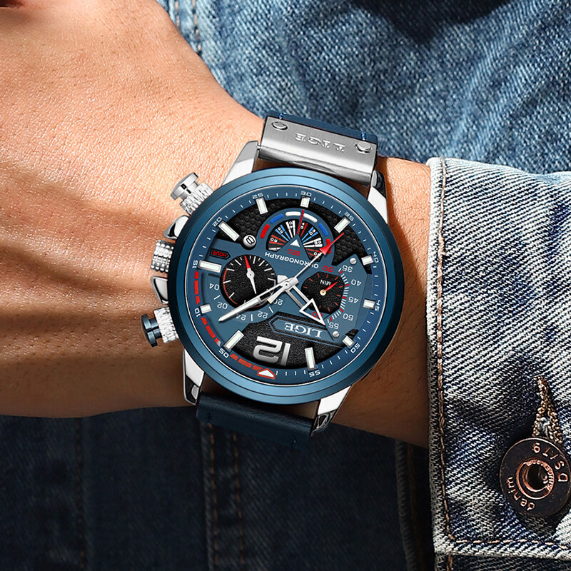 2022 LIGE Neue Sport Uhren für Männer Blau Top Marke Luxus Military Wasserdicht Leder Uhr Mann Mode Chronograph Armbanduhr