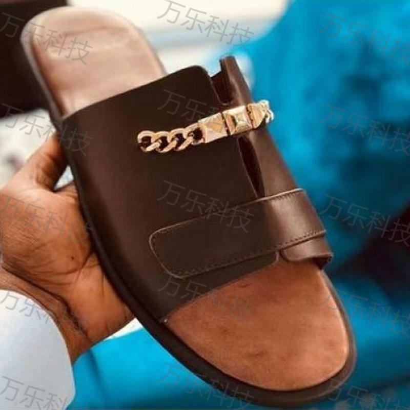 Homens sandálias de couro do plutônio do desenhador do verão dos chinelos da palma da forma marrom homens versátil fora zapatos para hombre ky177