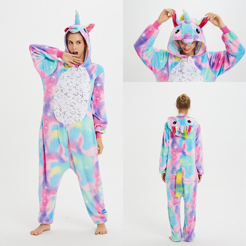 Kigurumi para unisex adulto animal unicórnio pijamas feminino onesies flanela quente sleepwear uma peça inverno cosplay macacão