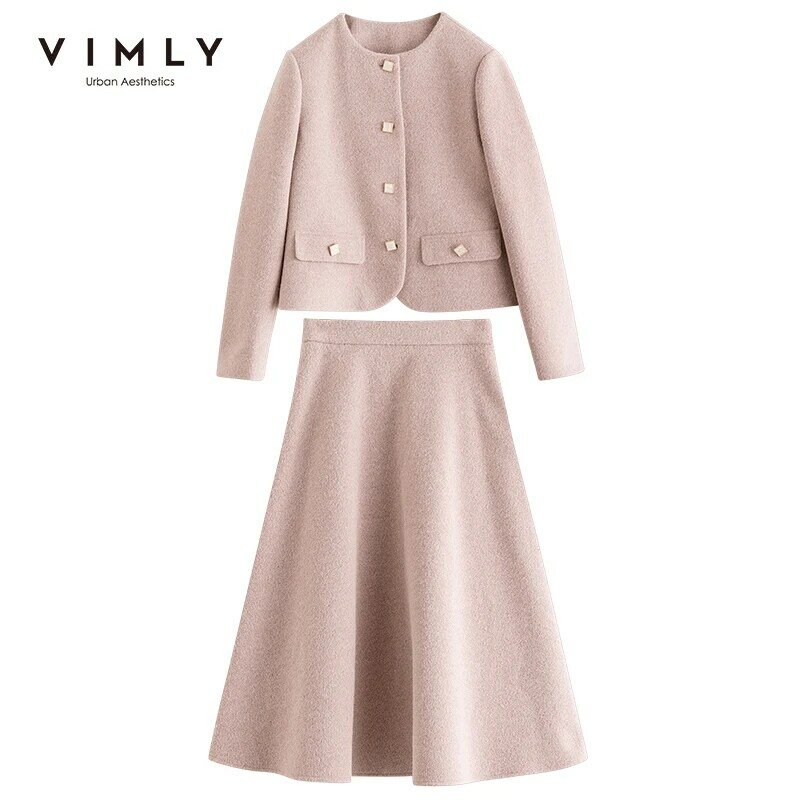 Vimly conjunto feminino 2020 elegante jaqueta de lã rosa saia cintura alta moda roupas de inverno vestuário feminino roupas de trabalho f3008