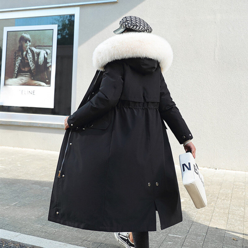 Jaket Hangat Tebal Musim Dingin 2022 untuk Wanita Parka Wanita Panjang Jaket Berkerudung Besar dengan Kerah Bulu Ukuran Mantel Musim Dingin Wanita