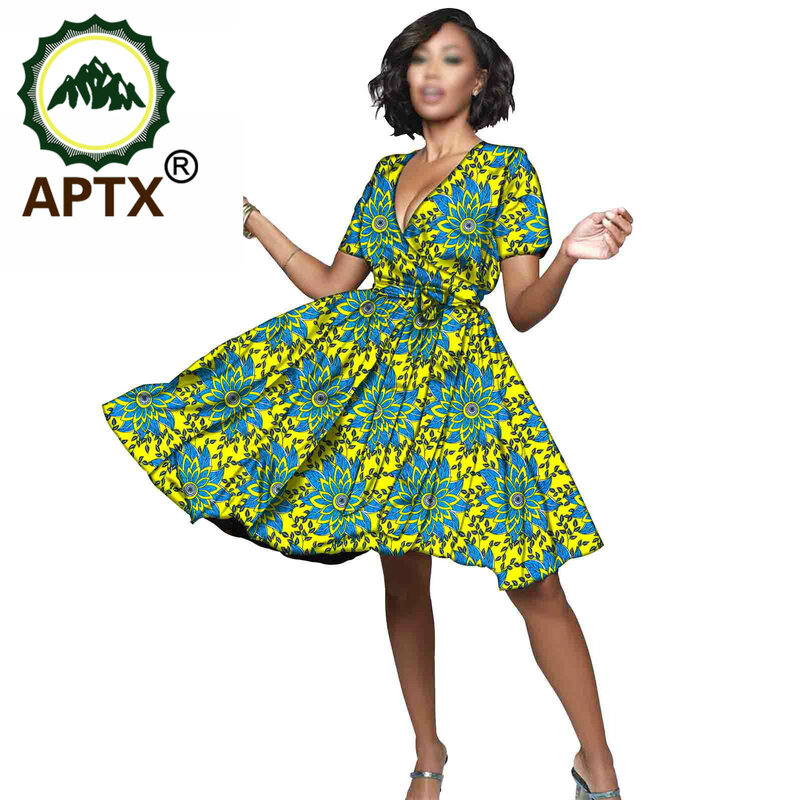 Африканская Женская одежда с V-образным вырезом и коротким рукавом, сексуальная юбка в стиле Анкары с цветами, выше колена, Дашики, лаконичны...