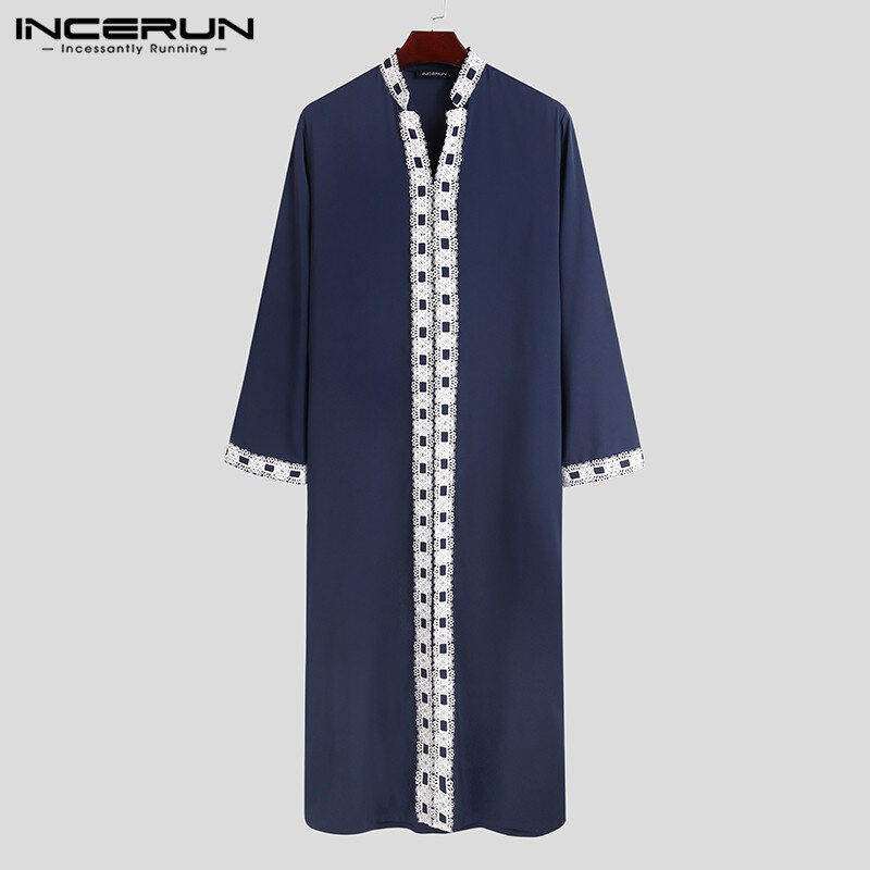 INCERUN – caftan islamique en dentelle pour hommes, manches longues, col en V, Jubba Thobe, mode moyen-orient, Robes pour hommes musulmans, grande taille