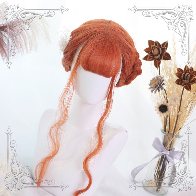 Kualitas Tinggi Lembut Gadis Lolita Oranye Terang Rambut Keriting Panjang Telur Gulung Poni Udara Wig