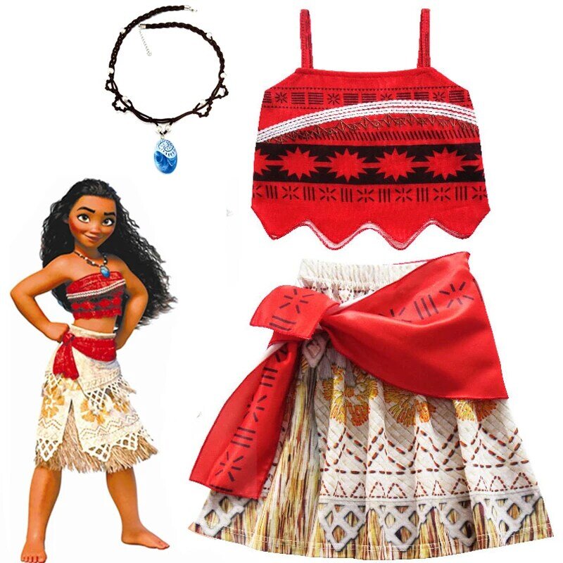 2021 Girls Moana Cosplay Costume for Kids Vaiana Princess Dress with Necklace Halloween Costumes Baby Children Party Clothes