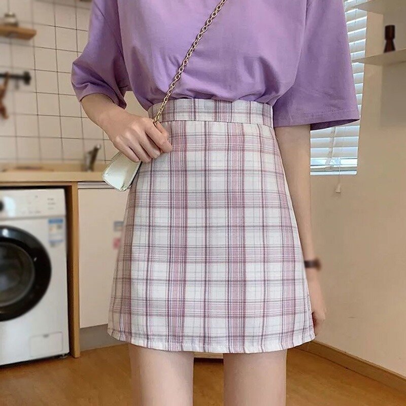 Feminino xadrez mini saias a-line vintage doce adorável estudante de cintura alta coreano elegante moda simples all-match bonito saias novo