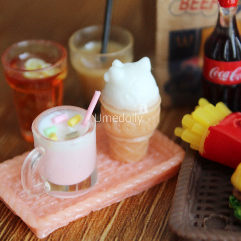 Mini 1/6 miniatura casa de bonecas hamburger coke cup comida rápida para blyth barbies boneca casa jogar cozinha sorvete acessórios brinquedo