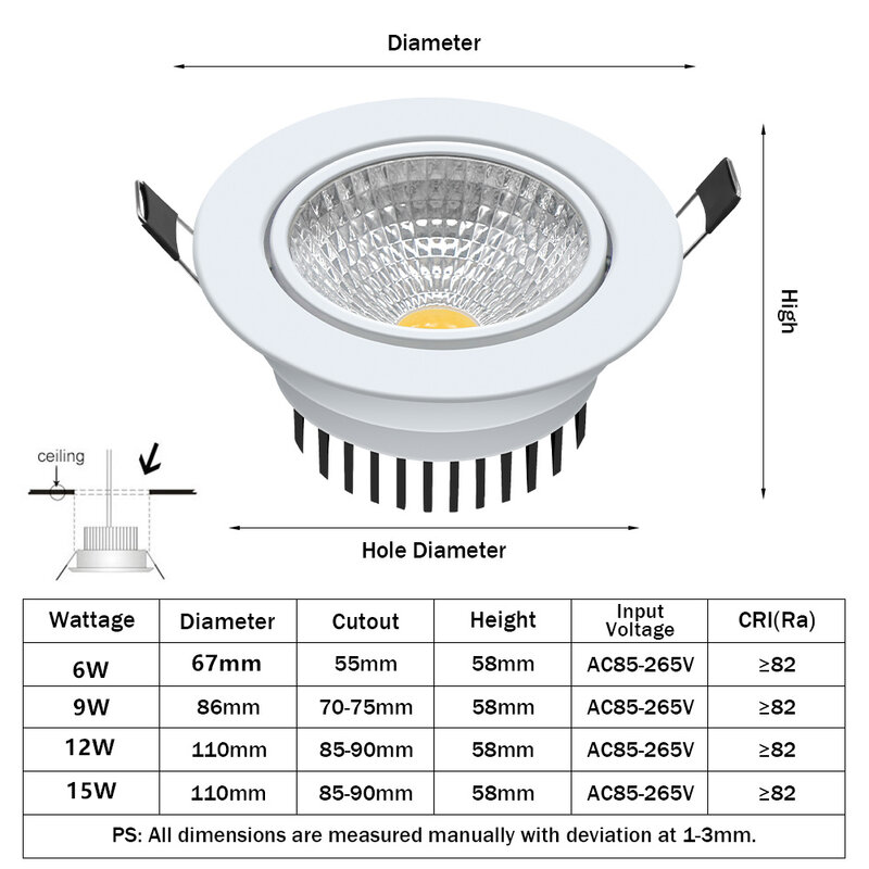 [DBF]1 Super brillante empotrada LED regulable Downlight COB 6W 9W 12W 15W llevó la luz del punto LED de decoración lámpara de techo AC 110V 220V