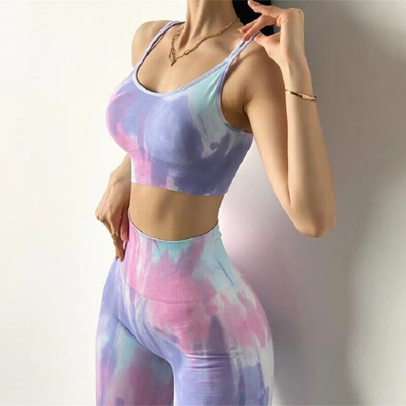 2 pçs sem costura conjunto de yoga tie dye ginásio roupas para as mulheres roupas esportivas de fitness yoga terno sutiã treinamento leggings treino conjunto