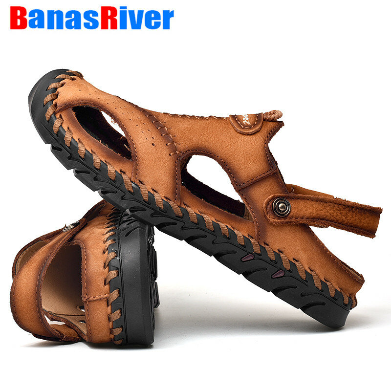 New Casual Men Soft Sandals Comfortable Summer Leather Slippers Roman Outdoor Beach Big Size 38-48 Handmade Hollow Breathable