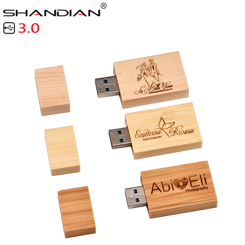 Shandian usb 3.0 de madeira, pendrive com caixa e flash drive, 4gb 16g 32gb 64gb, 1 peça criativa, logotipo grátis