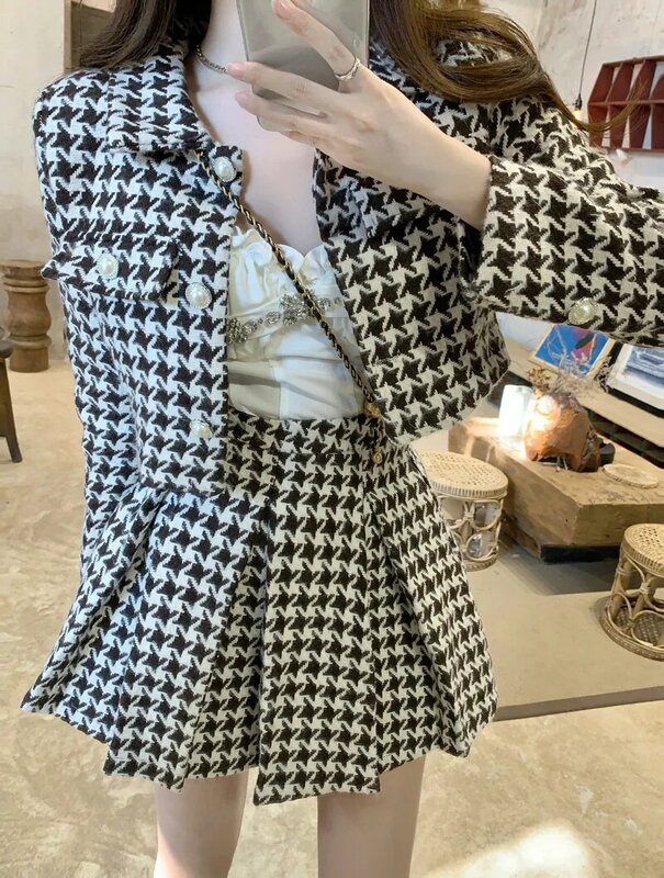 Женский винтажный твидовый комплект из двух предметов, короткий топ и короткая шерстяная куртка с рисунком «гусиные лапки» и мини-юбка