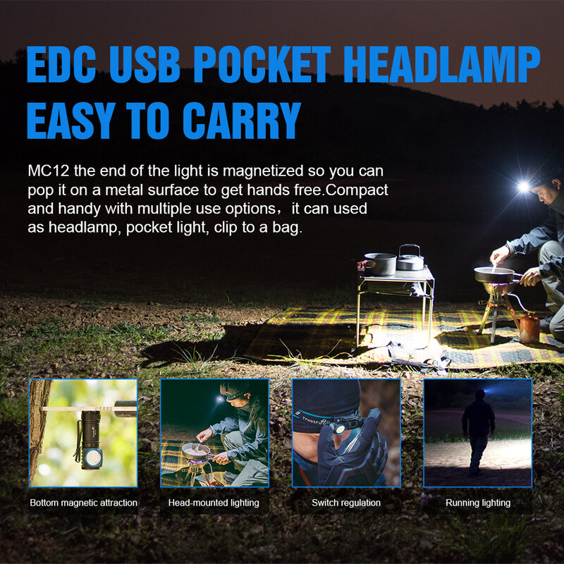 TrustFire MC12 EDC LED Flashlight 1000Lumens Powerful Magnetic USB Rechargeable Head Lamp CREE XP-L HI Camping Torch Flash Light