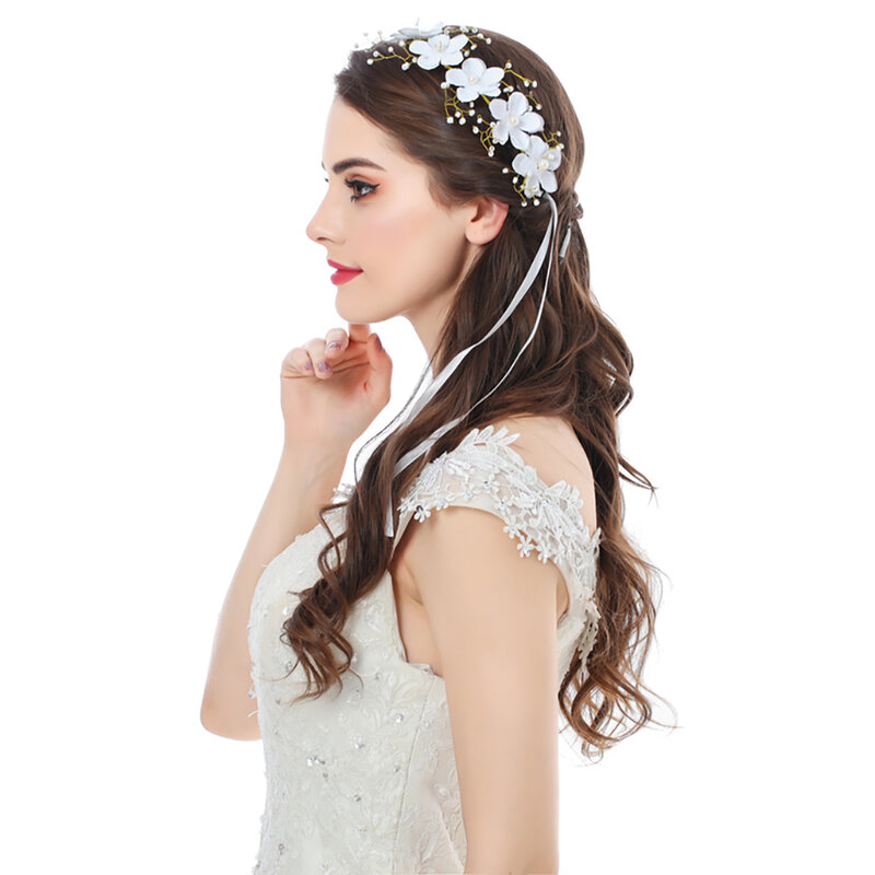 Molans New Handmade Slik Flower Pearl Wreath Headband Ribbon Flower Crown Bridal Floral Garlands Wedding Women Hair Accessories