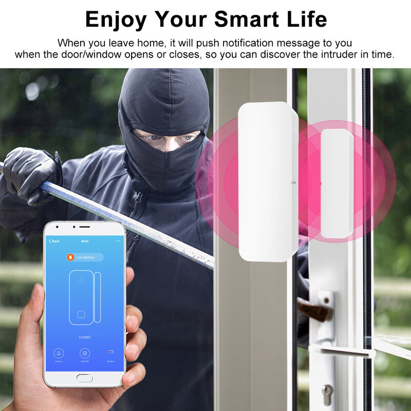 Détecteur d'ouverture/fermeture de porte intelligent Tuya, détecteur d'ouverture/fermeture de porte, alarme de sécurité Compatible avec Alexa Google Home App Smart Life