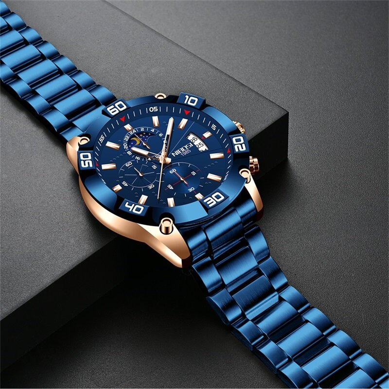 Часы наручные NIBOSI Мужские кварцевые, брендовые деловые водонепроницаемые с браслетом из нержавеющей стали, с датой 30 м