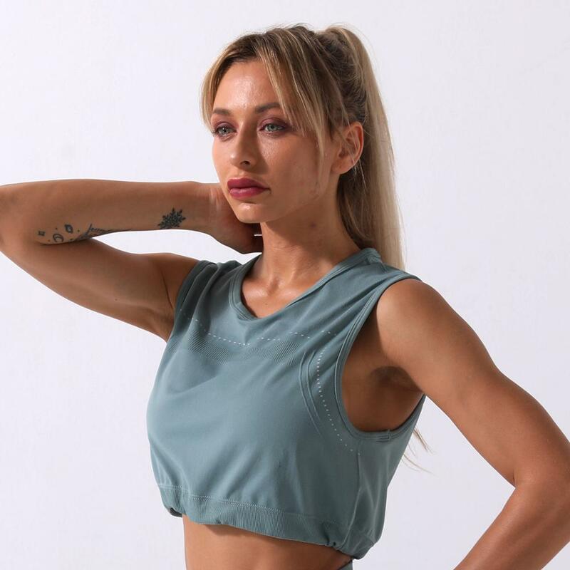 Correndo esporte t camisas das mulheres yoga esporte de secagem rápida superior sem costura fitness yoga colheita superior sem mangas camisas de treino atlético