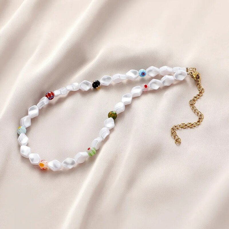 Boêmio vitral arroz grânulo colar pérola natural feminino curto colar charme jóias artesanal presente de natal menina