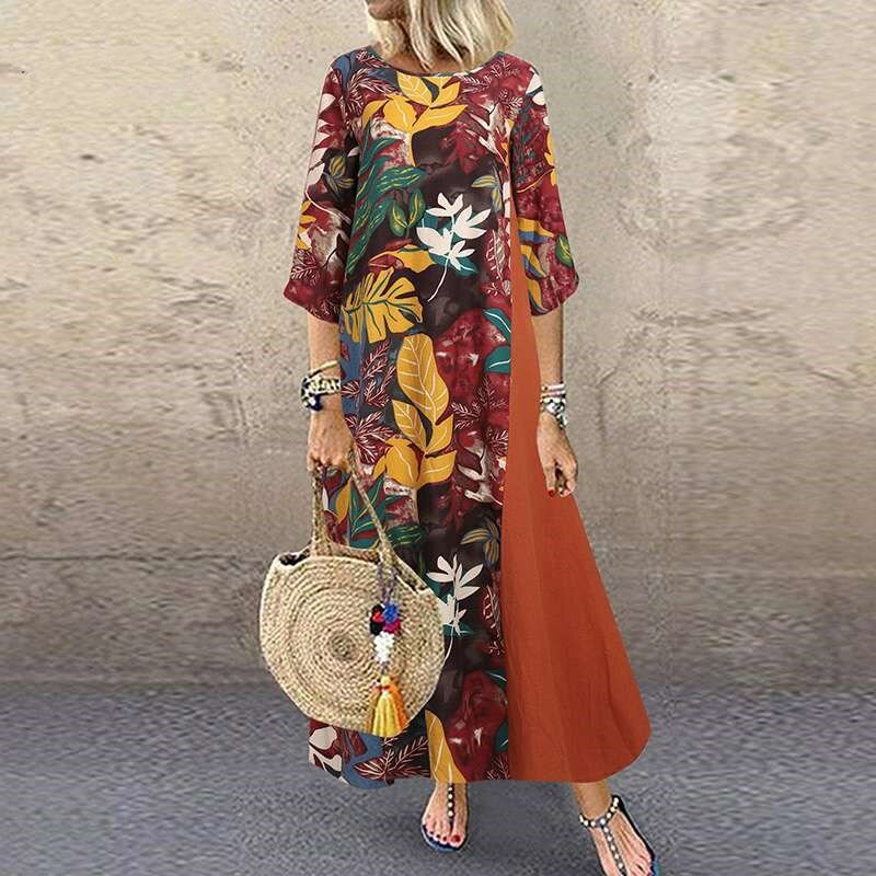 Elegante Blume Drucken Frühling Herbst Frau Spleißen Kleid Kausalen Halbe Hülse Plus Größe Vintage Kleider Mode Roben Vestidos