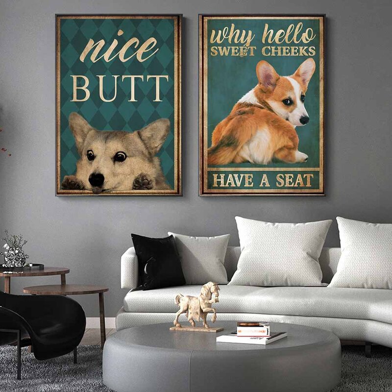 Retro art animal canvas painting lovely dog reading poster slogan wall painting living room bedroom home decoration mural