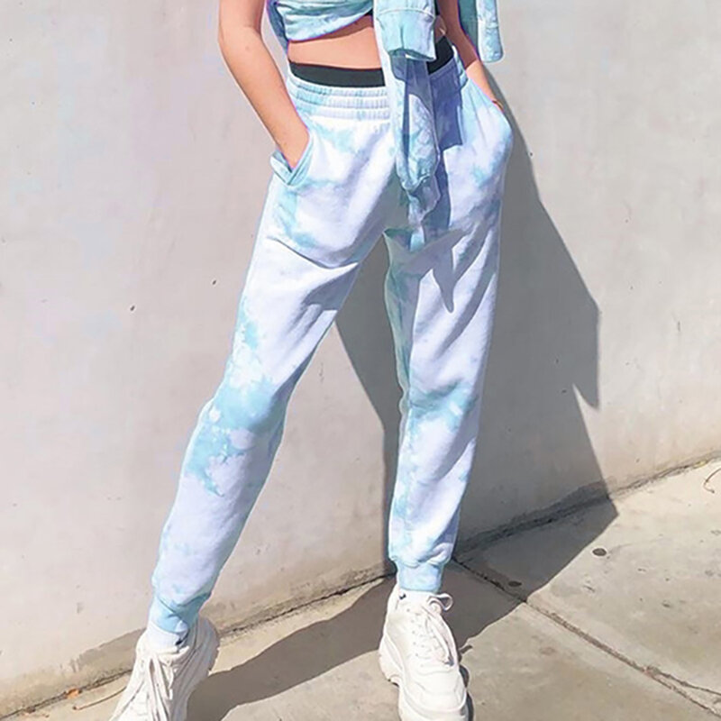 2021 tie dye sweatpants feminino cintura alta elástica calças largas calças streetwear moda calças de jogging