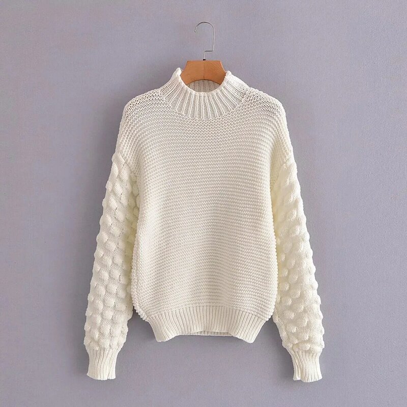 Fall Winter Coarse Wool Knitted Sweater Women Fashion Half High Collar Loose Puff Sleeves Pullover Female Casual Jumpers Tops