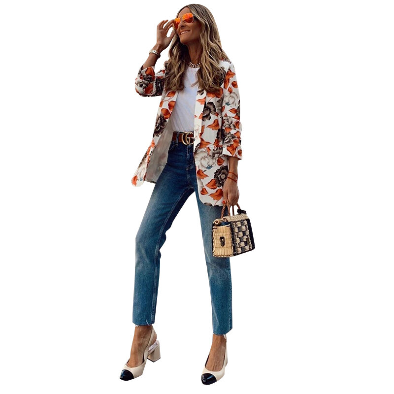 Women Autumn Spring Flower Print Blazer Adults Casual Style Long Sleeve Open Front Suit Jacket 2021 New Casual