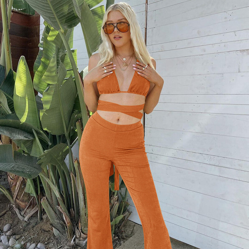 2021 Sexy Hollow Out 2 Piece Sets Women Outfits Bandage Sleeveless Strap Crop Top and High Waist Flare Pants Casual Summer Suits