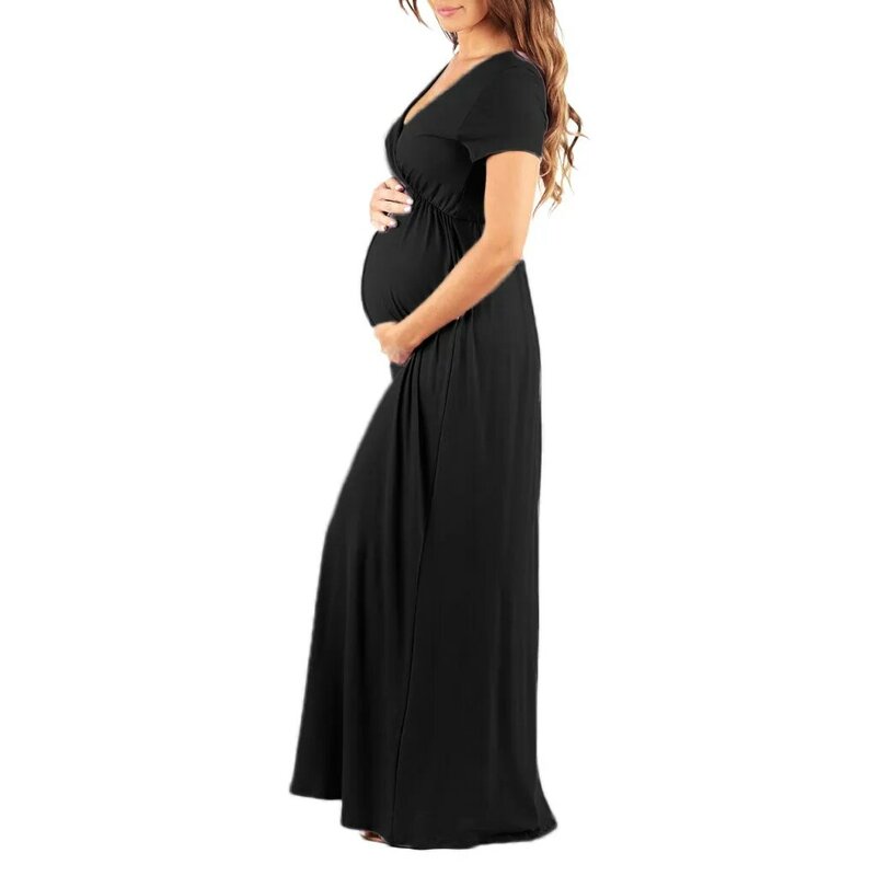 Verão mulheres grávidas maternidade enfermagem vestido sólido gravidez v colarinho manga curta vestido de maternidade roupas da senhora