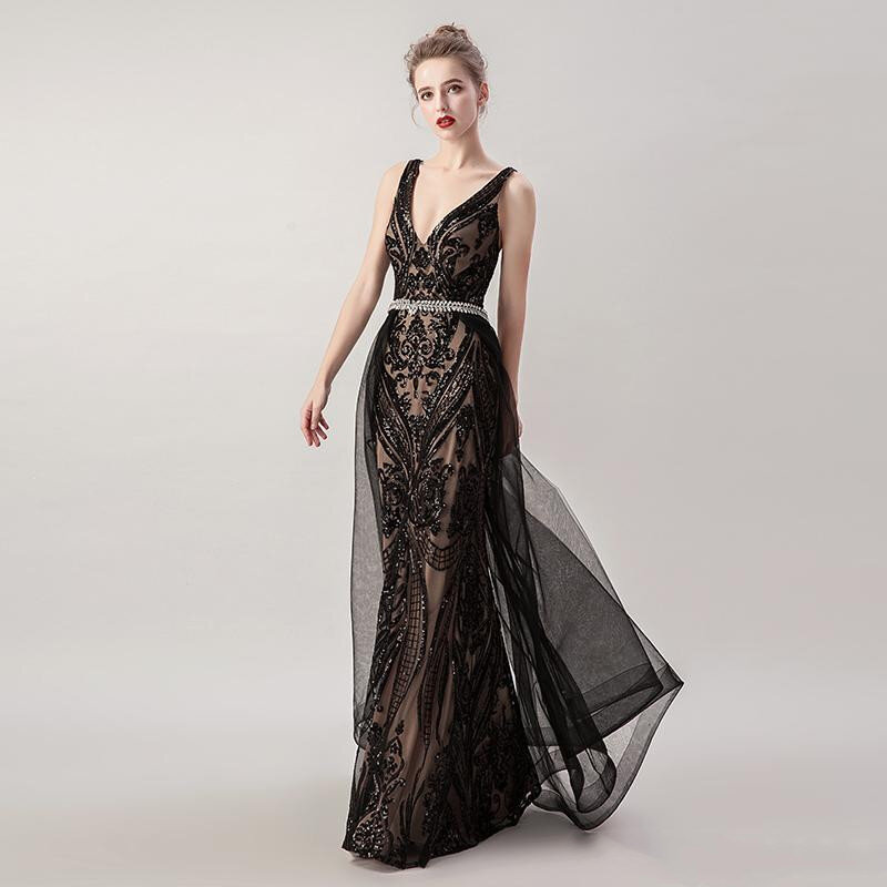 Sexy Black Mermaid Prom Kleider Spitze Appliques V-ausschnitt Abendkleider Zug Cocktail Party Kleider Vestidos De Fiesta Nach Maß