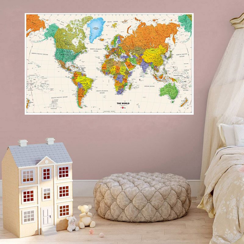 Mapa mundi retrô ecológico, pintura em tecido não-tecido, pôster para parede, decoração de casa, material escolar, 150x100cm