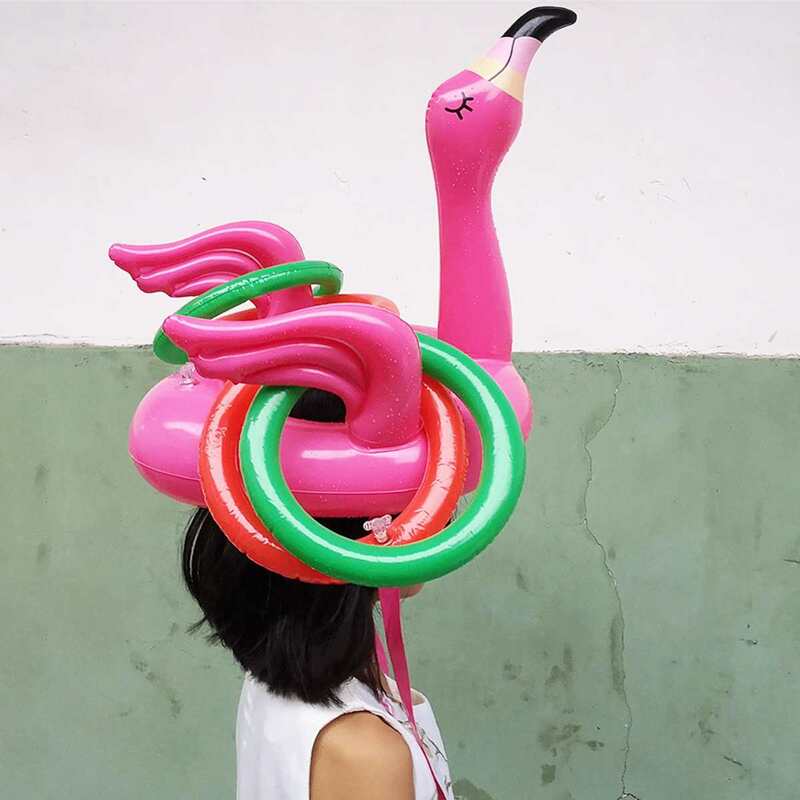 Chapeau de tête de flamant rose gonflable Portable, avec 4 anneaux de lancer, jeu d'eau pour fête de famille, piscines en PVC rose et jouets amusants