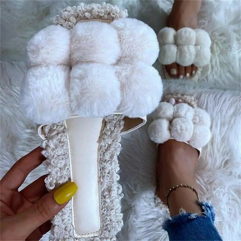Woman Cute Plush Ball Fluffy Colorful Simple Sliding In Open-toed Fashion Versatile and Comfortable Home Slippers1KB052