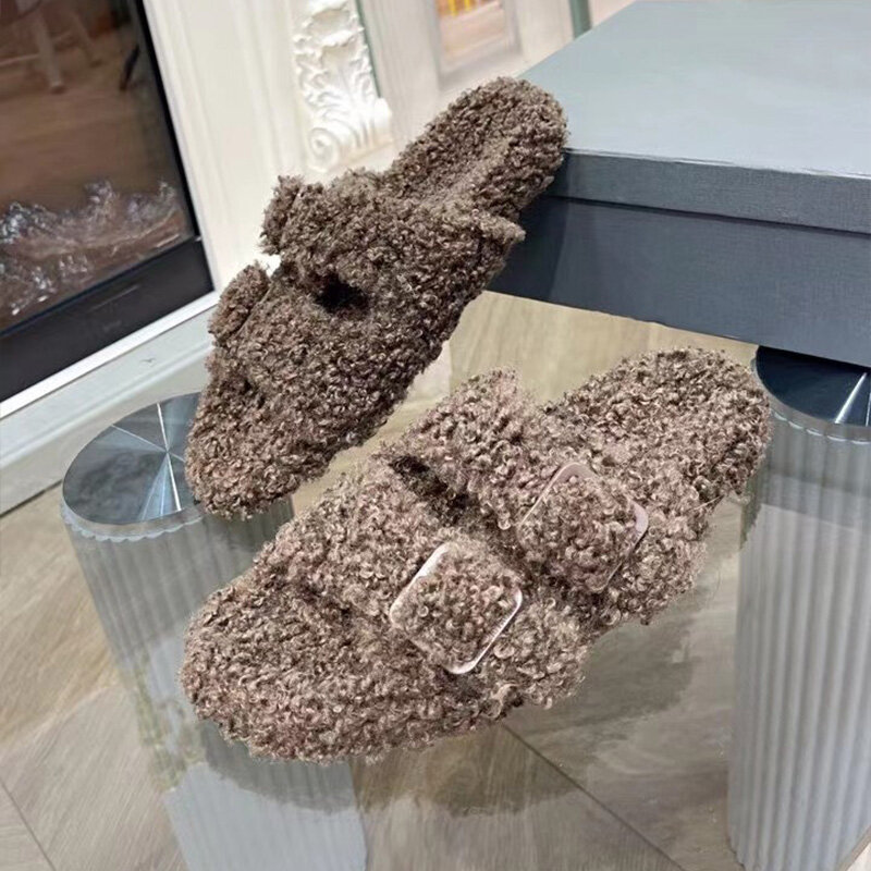 Chinelos peludos chinelos femininos chinelos de lã encaracolado exterior usar sapatos planos de lã de ovelha bolo de lã exterior usar sapatos femininos primavera e outono