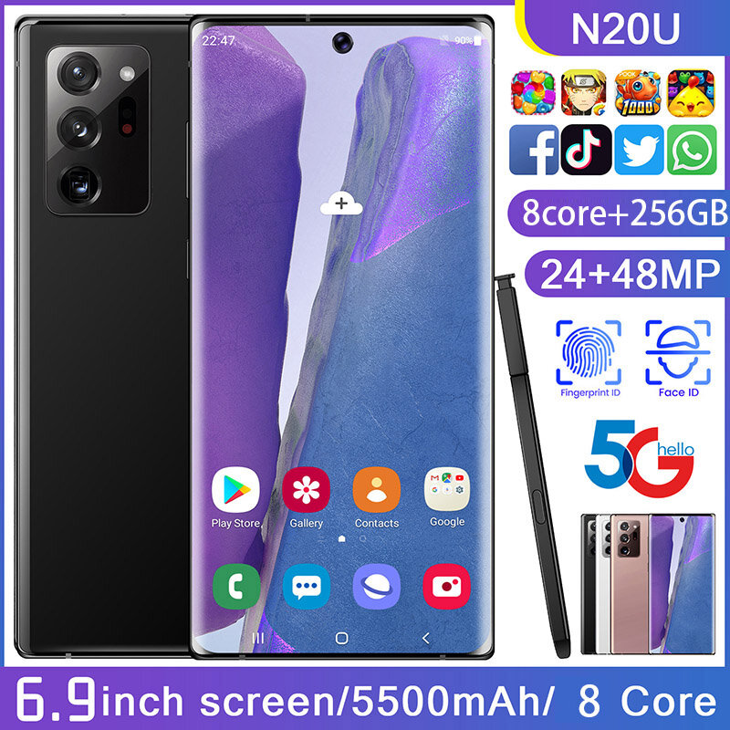 Galxy N20U Smartphone FullScreen 8-core 256 GB Android 10 Snapdragon 865 Finger Face ID Dual Camera 4G Smart Mobile Phone