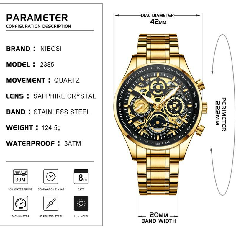 NIBOSI męskie zegarki Top luksusowa marka złote sportowe wodoodporne zegarki kwarcowe męskie chronograf data męski zegar Relogios Masculino