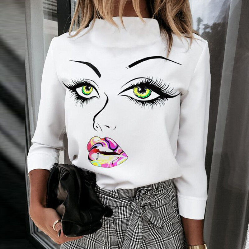 Femmes élégant lèvres imprimer blouse chemises 2020 été décontracté col montant pulls hauts dames mode mignon oeil à manches courtes Blusa
