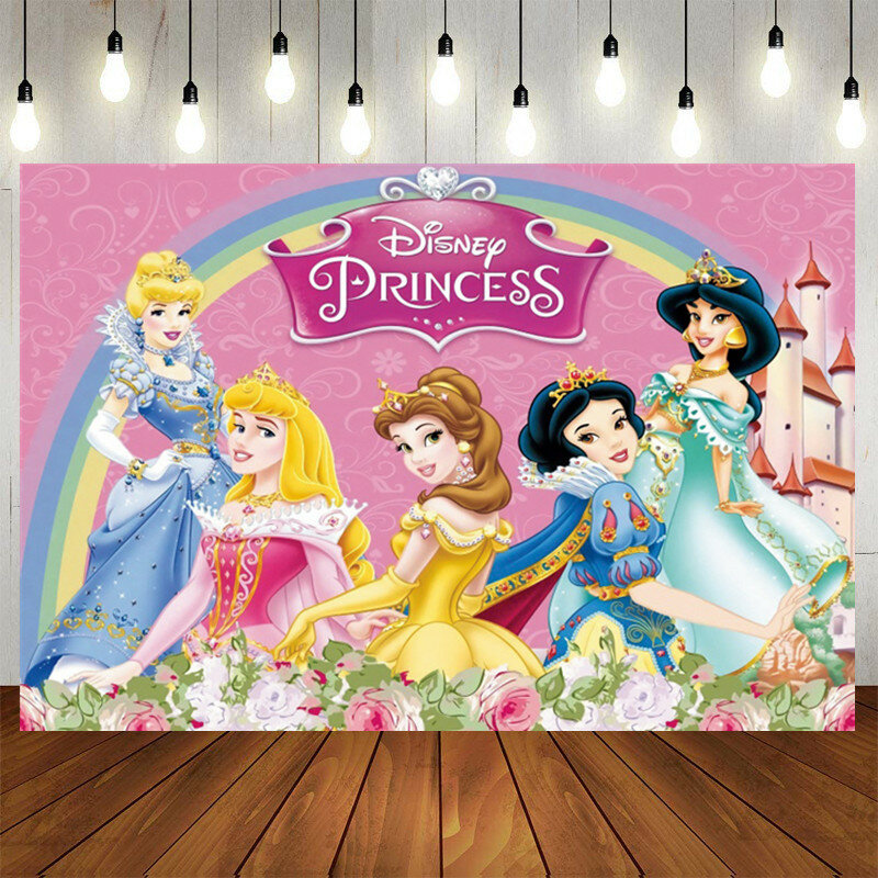 Fondos de fiesta de princesa de Disney, decoración de fondo, fotografía de vinilo, sesión de fotos, suministros para fiesta de cumpleaños de niñas